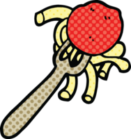 comic book style cartoon spaghetti and meatballs on fork png