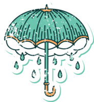 iconic distressed sticker tattoo style image of an umbrella and storm cloud png