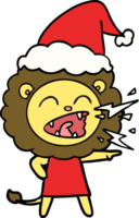 main tiré ligne dessin de une rugissement Lion fille portant Père Noël chapeau png