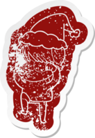 excentrique dessin animé affligé autocollant de une femme portant Père Noël chapeau png