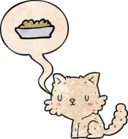 fofa desenho animado gato e Comida com discurso bolha dentro retro textura estilo png