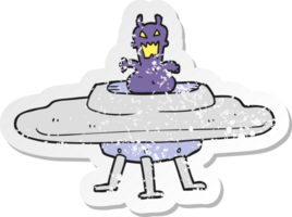 retro distressed sticker of a cartoon alien in flying saucer png