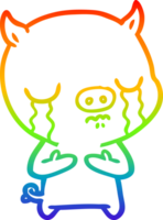 rainbow gradient line drawing of a cartoon pig crying png