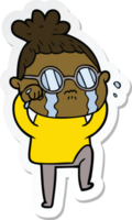 sticker of a cartoon crying woman wearing spectacles png