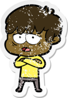 distressed sticker of a cartoon exhausted boy png