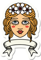 tattoo style sticker with banner of female face with crown of flowers png