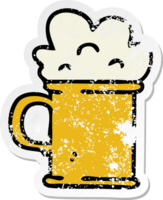 distressed sticker of a quirky hand drawn cartoon tankard of beer png