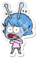 distressed sticker of a cartoon shocked alien girl png