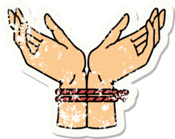 distressed sticker tattoo in traditional style of a pair of tied hands png