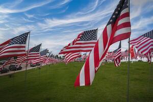 americano banderas revoloteando en el viento en verde campo, California costa mostrar. foto