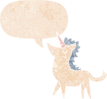 cartoon unicorn with speech bubble in grunge distressed retro textured style png