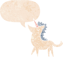 dessin animé Licorne avec discours bulle dans grunge affligé rétro texturé style png