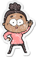 distressed sticker of a cartoon happy old woman png