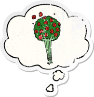 cartoon bunch of flowers with thought bubble as a distressed worn sticker png