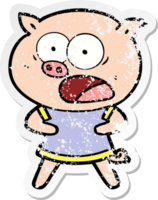 distressed sticker of a cartoon pig shouting png