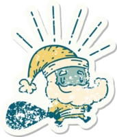 worn old sticker of a tattoo style santa claus christmas character with sack png