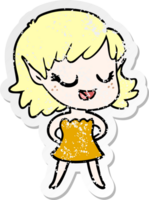 distressed sticker of a happy cartoon elf girl png