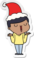 hand drawn sticker cartoon of a happy boy with no worries wearing santa hat png