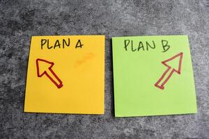 Concept of Plan A or Plan B write on sticky notes isolated on Wooden Table. photo