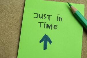 Concept of Just in Time write on sticky notes isolated on Wooden Table. photo