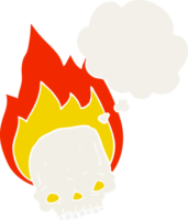 spooky cartoon flaming skull with thought bubble in retro style png