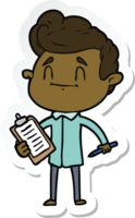 sticker of a happy cartoon man with pen and clipboard png