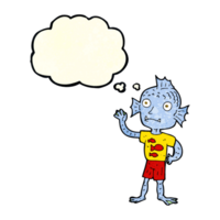 cartoon waving fish boy with thought bubble png