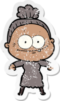 distressed sticker of a cartoon happy old woman png