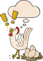 cartoon chicken laying egg with thought bubble in grunge texture style png