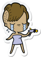 sticker of a cartoon crying girl pointing ray gun png