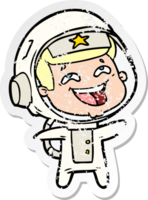 distressed sticker of a cartoon laughing astronaut png