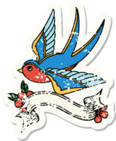 worn old sticker with banner of a swallow png