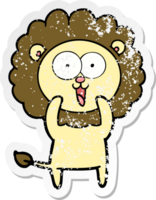 distressed sticker of a happy cartoon lion png