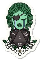 sticker of a crying half orc rogue character with natural one D20 roll png