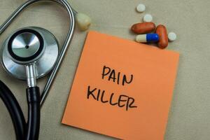 Concept of Pain Killer write on sticky notes isolated on Wooden Table. photo