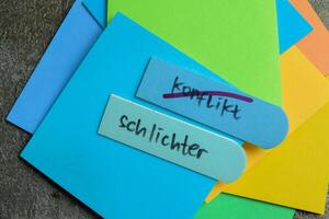 Concept of Learning language - German. Konflikt or schlichter it means Conflict or simpler written on sticky notes. German language isolated on Wooden Table. photo