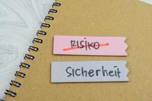 Concept of Risiko or Sicherheit write on sticky notes isolated on Wooden Table. photo