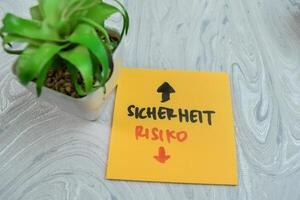 Concept of Sicherheit or Risiko write on sticky notes isolated on Wooden Table. photo