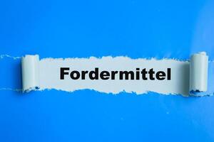 Concept of Learning language - German. Fordermittel it means funding written on torn paper. photo