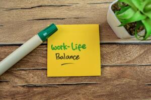 Concept of Work-Life Balance write on sticky notes isolated on Wooden Table. photo