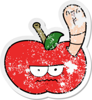 distressed sticker of a cartoon worm eating an angry apple png