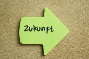 Concept of Zukunft write on sticky notes isolated on Wooden Table. photo