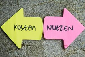 Concept of Learning language - German. Kosten - Nutzen it means Costs and Benefits written on sticky notes. German language isolated on Wooden Table. photo