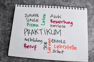 Concept of Praktikum write on book with keywords isolated on Wooden Table. photo