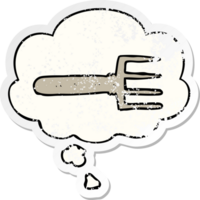 cartoon fork with thought bubble as a distressed worn sticker png