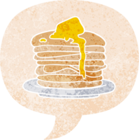 cartoon stack of pancakes with speech bubble in grunge distressed retro textured style png