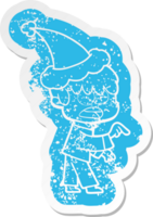 worried quirky cartoon distressed sticker of a boy wearing santa hat png