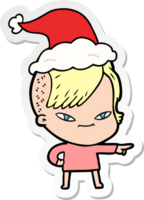 cute hand drawn sticker cartoon of a girl with hipster haircut wearing santa hat png