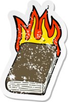adesivo retrô angustiado de um livro em chamas de desenho animado png