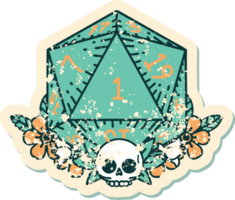 grunge sticker of a natural one dice roll with floral elements png